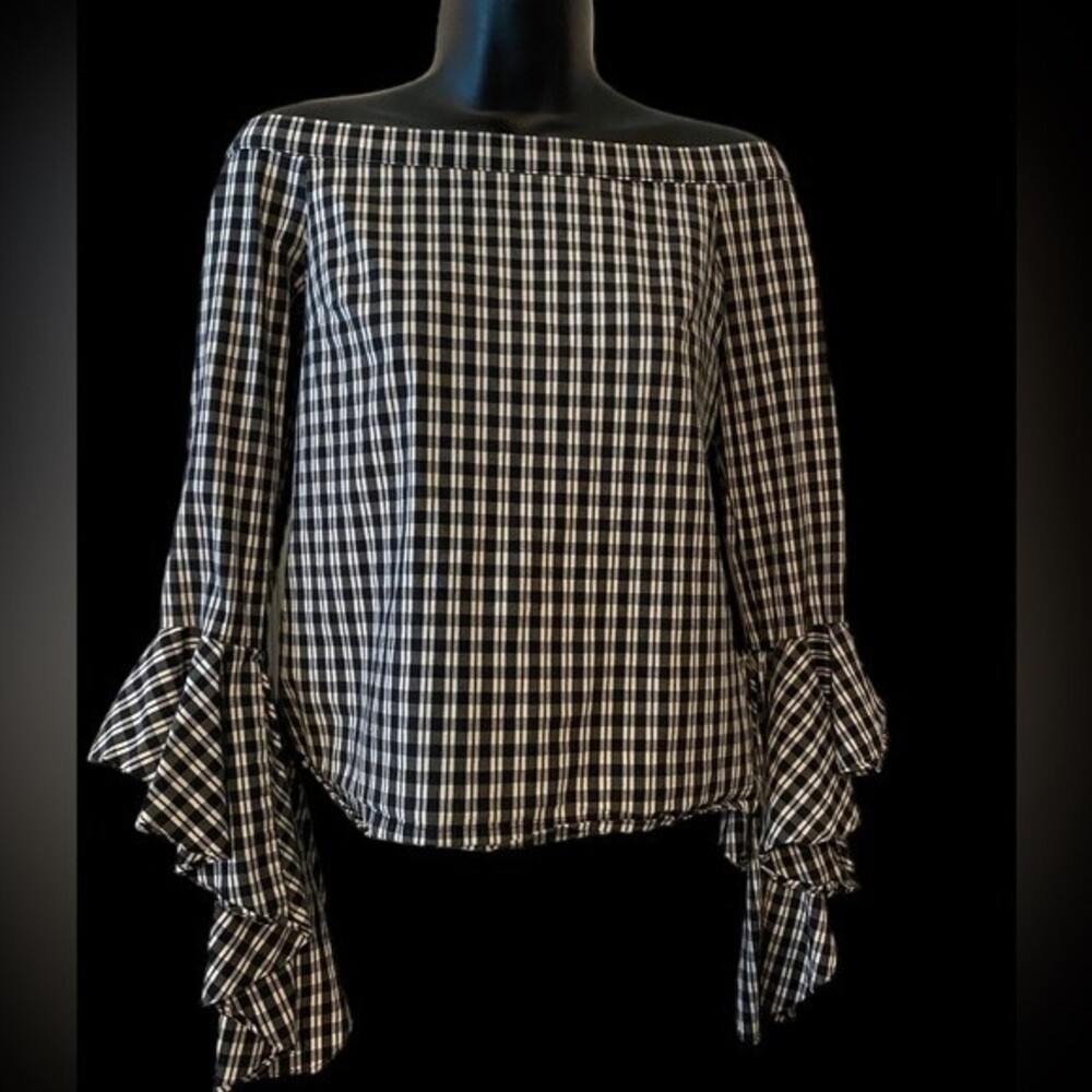 1. State new Black & white plaid cold shoulder, bell ruffled long sleeve shirt S